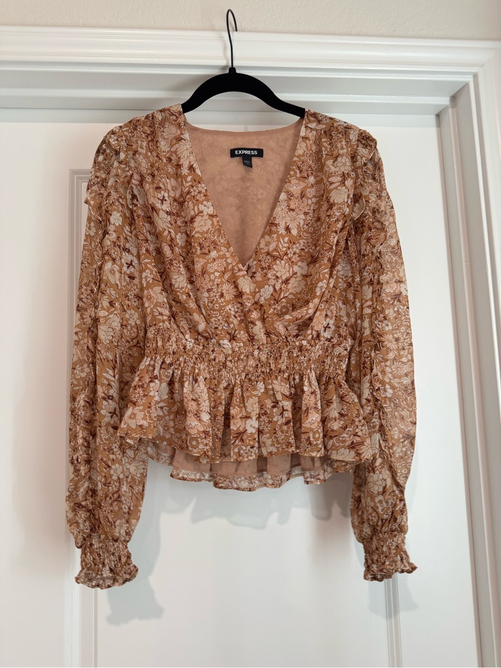 Express Tan Floral Wrap Peplum Blouse